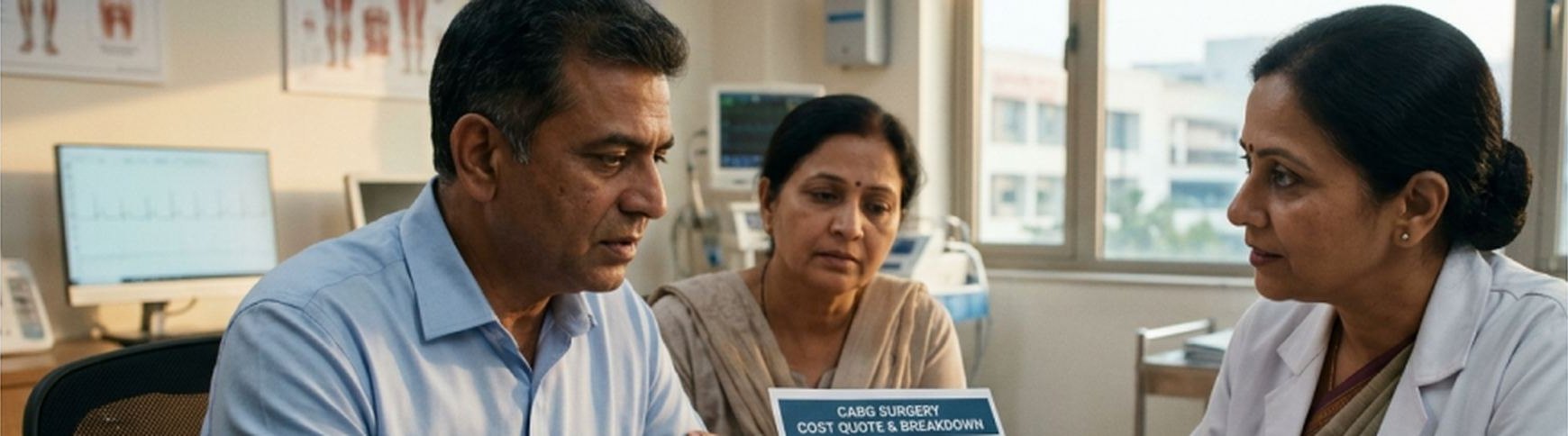 A cardiac specialist discussing a CABG cost quote and breakdown with a patient and family member
