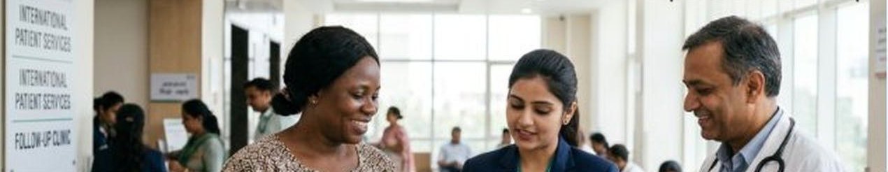 International patient services desk with a patient, coordinator and doctor