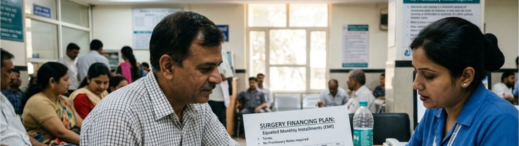A patient reviewing a surgery financing plan with a hospital billing officer