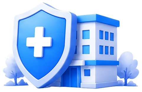 A hospital building behind a protective shield