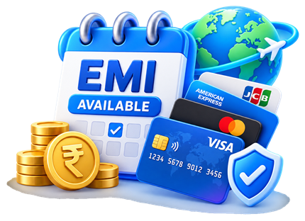 Payment cards and coins beside an EMI-available badge